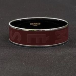 HERMES Burgundy Enamel Palladium Plated Wide Printed Sellier Bangle Bracelet